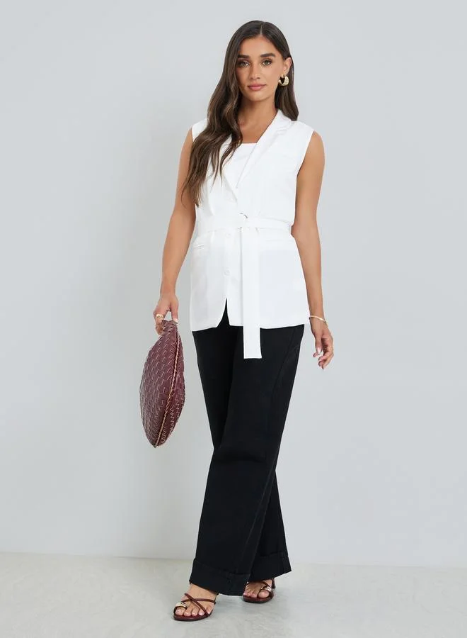 Women White Belted Sleeveless Blazer